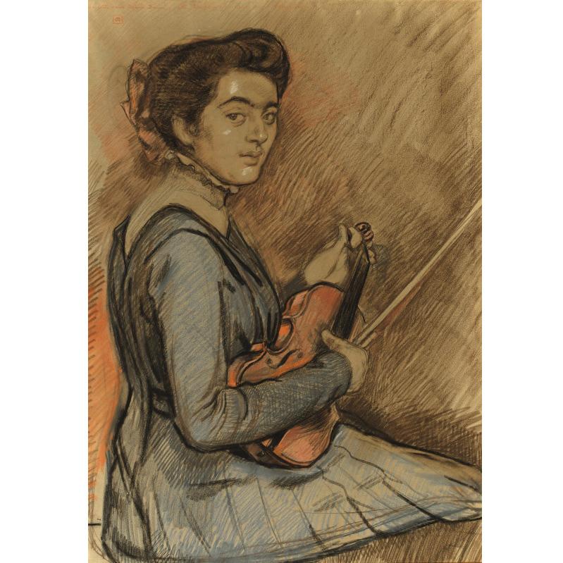 Renee Druet with violin (1910) Théo van Rysselberghe tablo - Dekolata