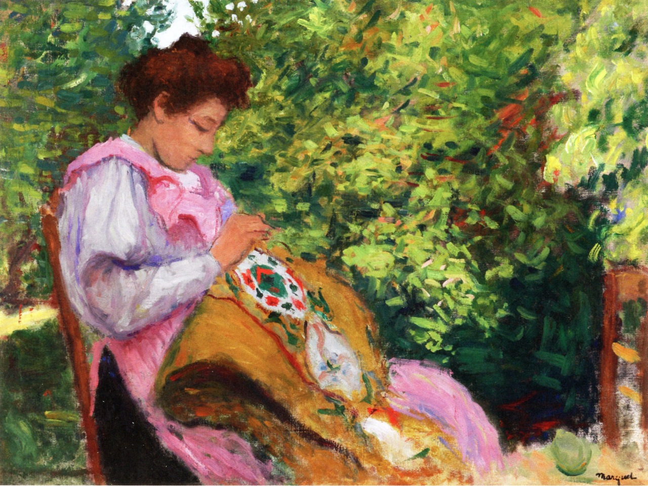 Girl Embroidering, Seated in a Garden (1896) Albert Marquet tablo - Dekolata