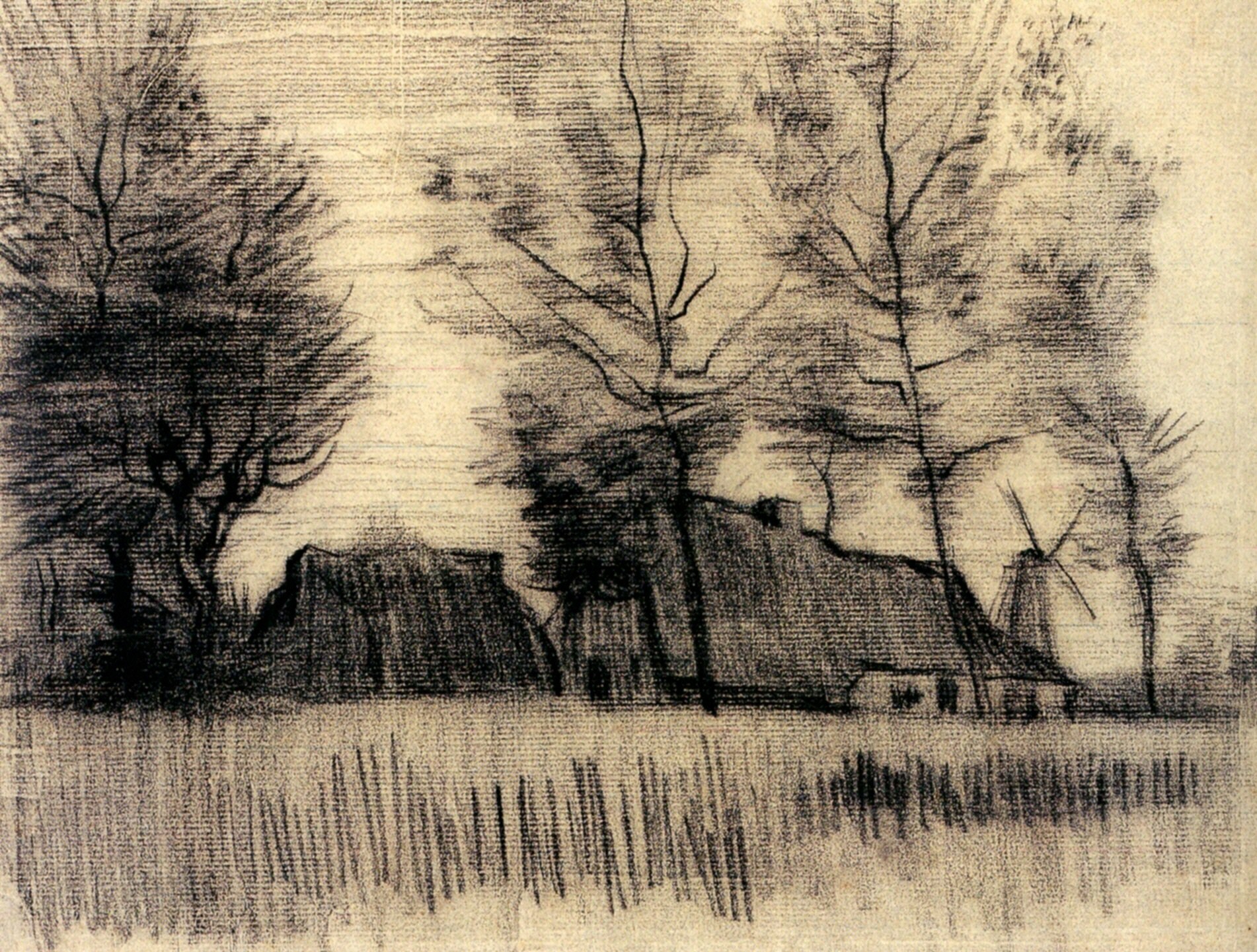 Landscape with Cottages and a Mill (1885) Vincent van Gogh tablo - Dekolata