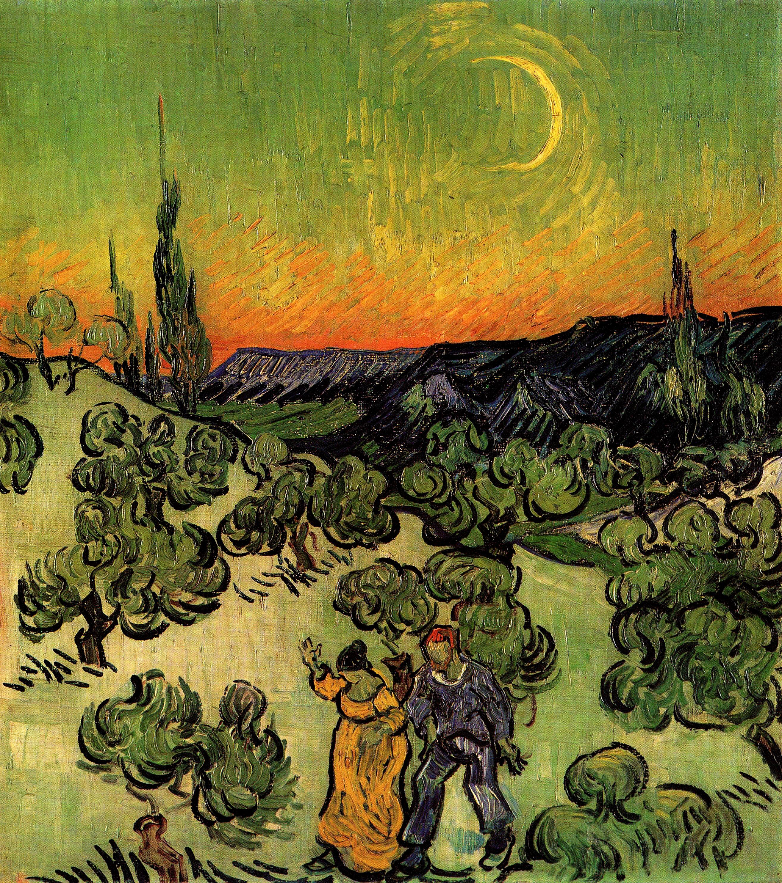 Landscape with Couple Walking and Crescent Moon (1890) Vincent van Gogh tablo - Dekolata