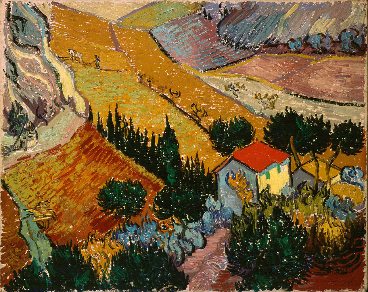 Landscape with House and Ploughman (1889) Vincent van Gogh tablo - Dekolata