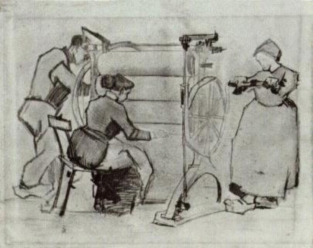 Mangle with Two Women and a Man (1884) Vincent van Gogh tablo - Dekolata