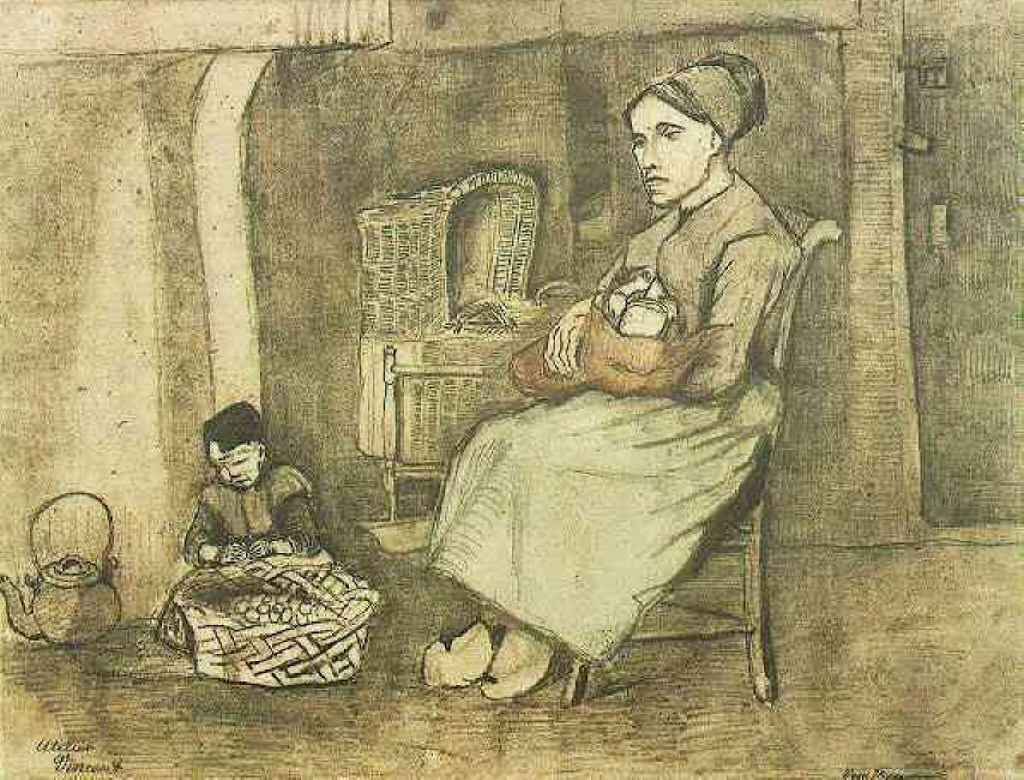 Mother at the Cradle and Child Sitting on the Floor (1881) Vincent van Gogh tablo - Dekolata