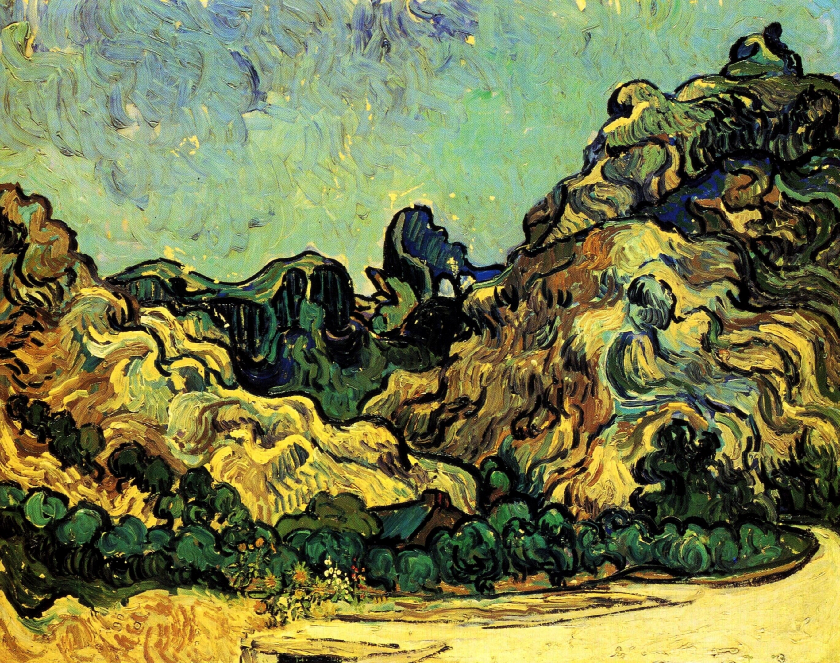 Mountains at Saint Remy with Dark Cottage (1889) Vincent van Gogh tablo - Dekolata
