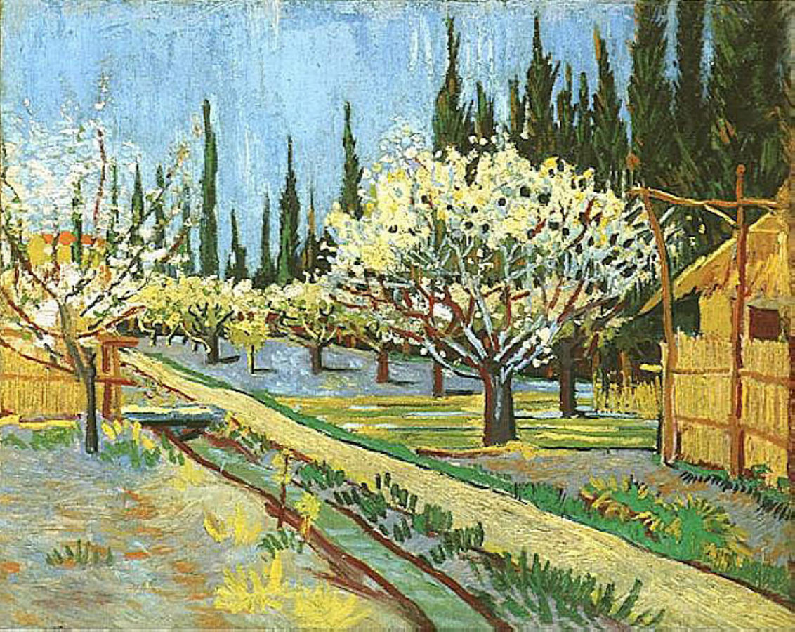 Orchard in Blossom, Bordered by Cypresses (1888) Vincent van Gogh tablo - Dekolata