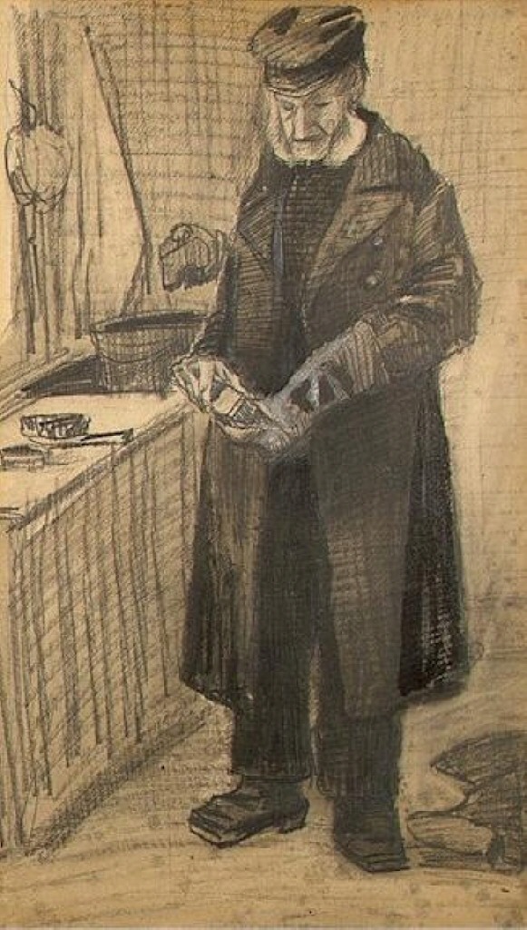 Orphan Man with Long Overcoat Cleaning Boots (1882) Vincent van Gogh tablo - Dekolata