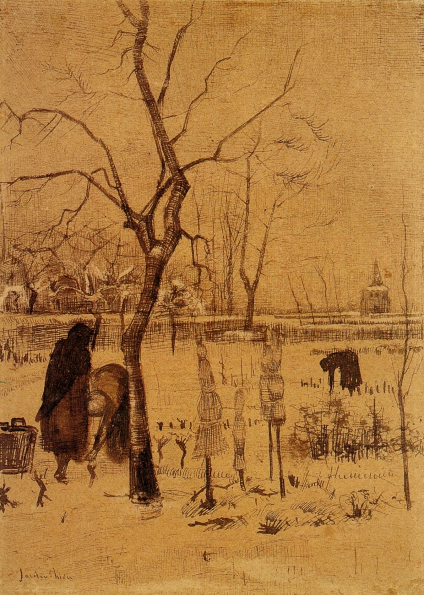 Parsonage Garden in the Snow with Three Figures (1885) Vincent van Gogh tablo - Dekolata