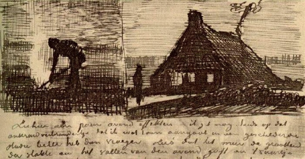 Peasant Burning Weeds, and Farmhouse at Night (1883) Vincent van Gogh tablo - Dekolata