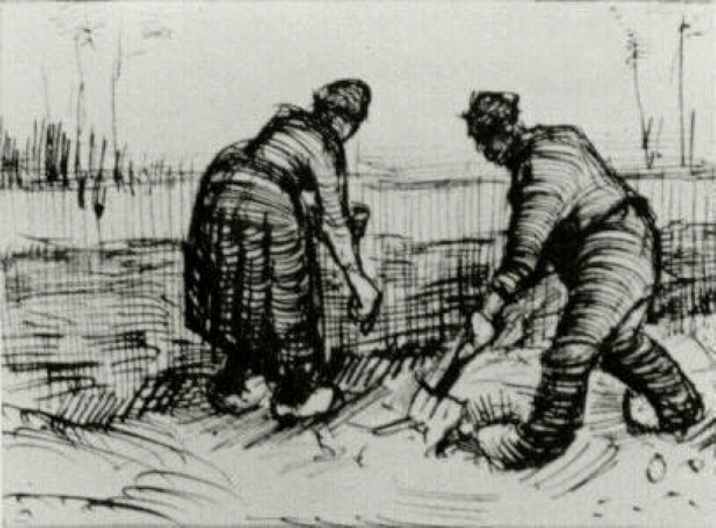 Peasant Man and Woman Planting Potatoes (1885) Vincent van Gogh tablo - Dekolata