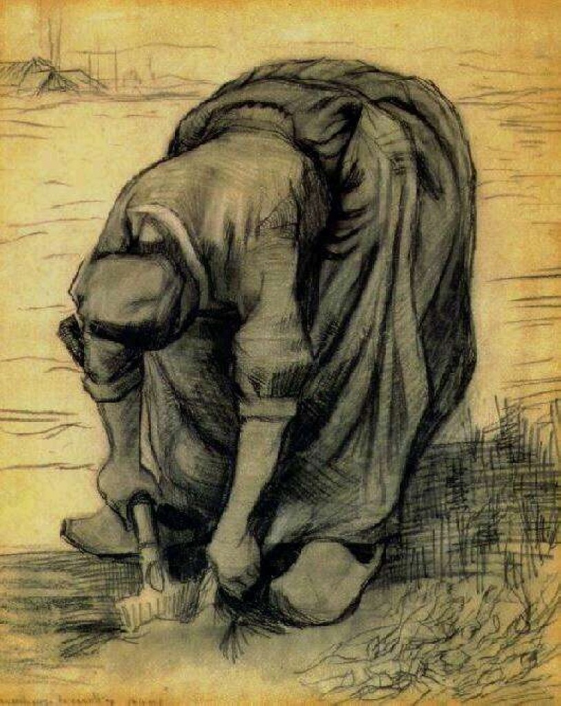 Peasant Woman, Stooping with a Spade, Digging Up Carrots (1885) Vincent van Gogh tablo - Dekolata