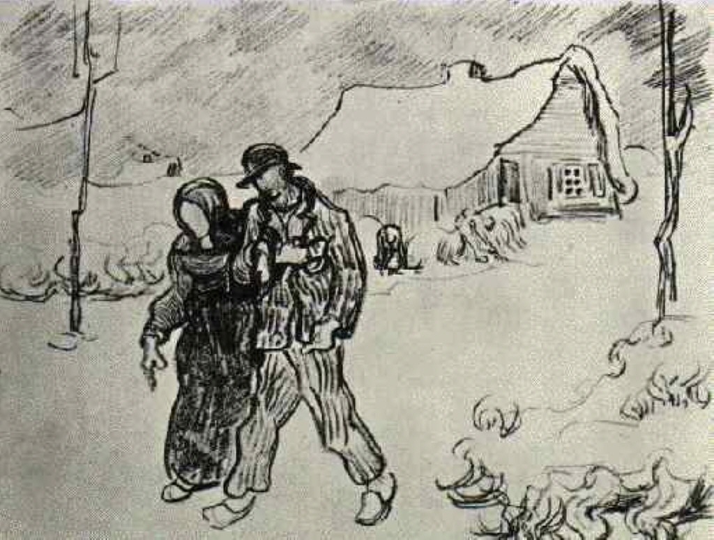 People Walking in Front of Snow Covered Cottage (1890) Vincent van Gogh tablo - Dekolata
