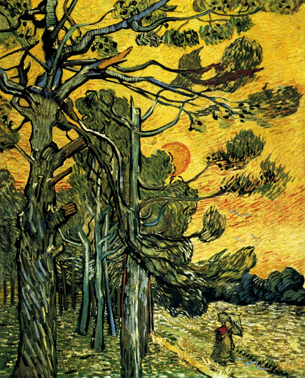 Pine Trees against a Red Sky with Setting Sun (1889) Vincent van Gogh tablo - Dekolata