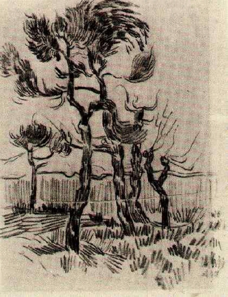 Pine Trees in Front of the Wall of the Asylum 4 (1889) – Vincent van Gogh Tablo