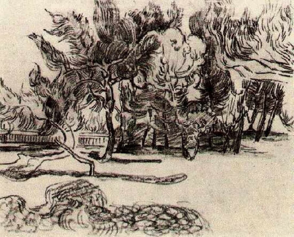 Pine Trees near the Wall of the Asylum (1889) Vincent van Gogh tablo - Dekolata