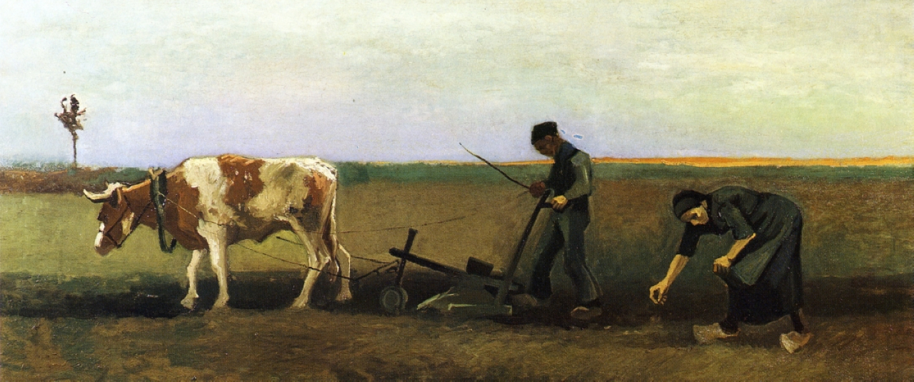 Ploughman with Woman Planting Potatoes (1884) Vincent van Gogh tablo - Dekolata