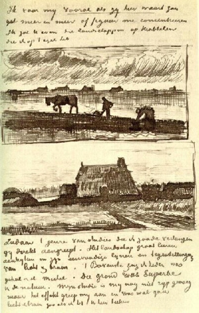 Plowman with Stooping Woman, and a Little Farmhouse with Piles of Peat (1883) – Vincent van Gogh Tablo