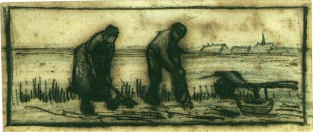 Potato Harvest with Two Figures (1884) Vincent van Gogh tablo - Dekolata