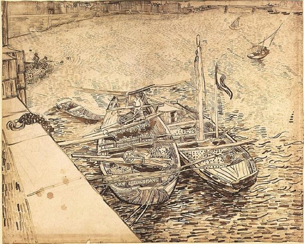 Quay with Men Unloading Sand Barges (1888) Vincent van Gogh tablo - Dekolata
