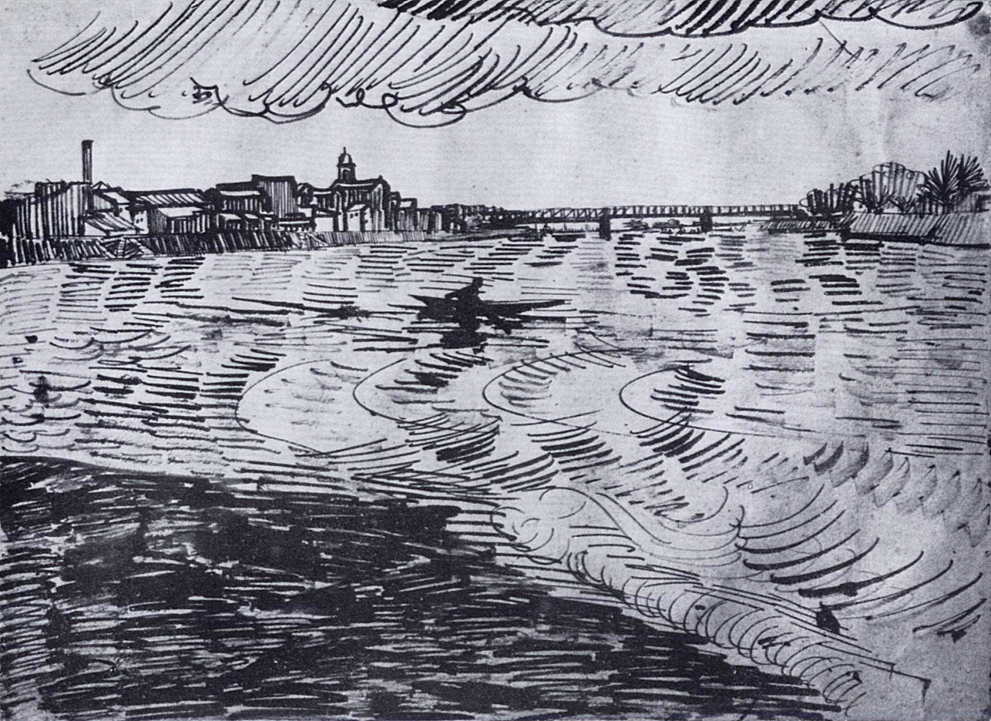 Rhone with Boats and a Bridge (1888) – Vincent van Gogh Tablo