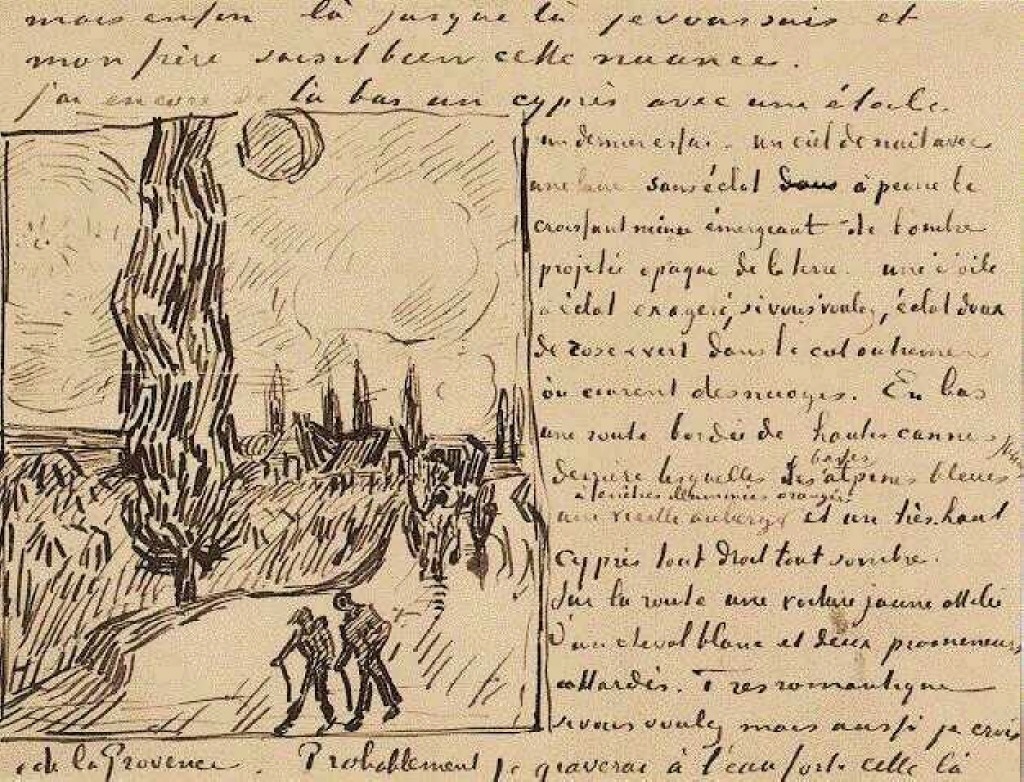 Road with Men Walking, Carriage, Cypress, Star, and Crescent Moon (1890) Vincent van Gogh tablo - Dekolata