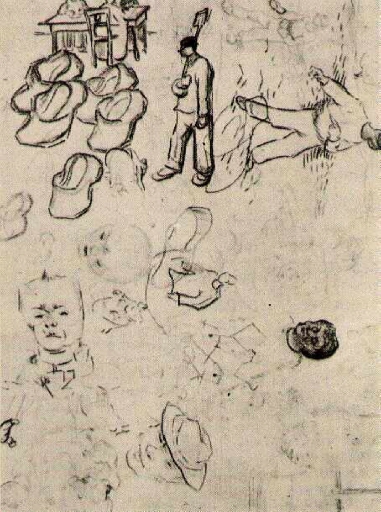 Sheet with Figures at a Table, a Sower, Clogs, etc (1890) Vincent van Gogh tablo - Dekolata