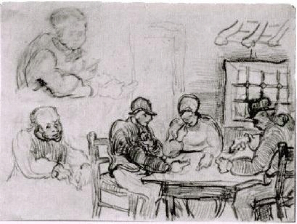 Sheet with Peasants Eating and Other Figures (1890) – Vincent van Gogh Tablo