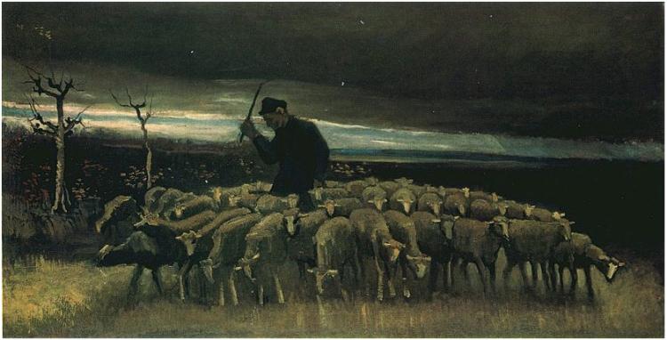 Shepherd with a Flock of Sheep (1884) Vincent van Gogh tablo - Dekolata