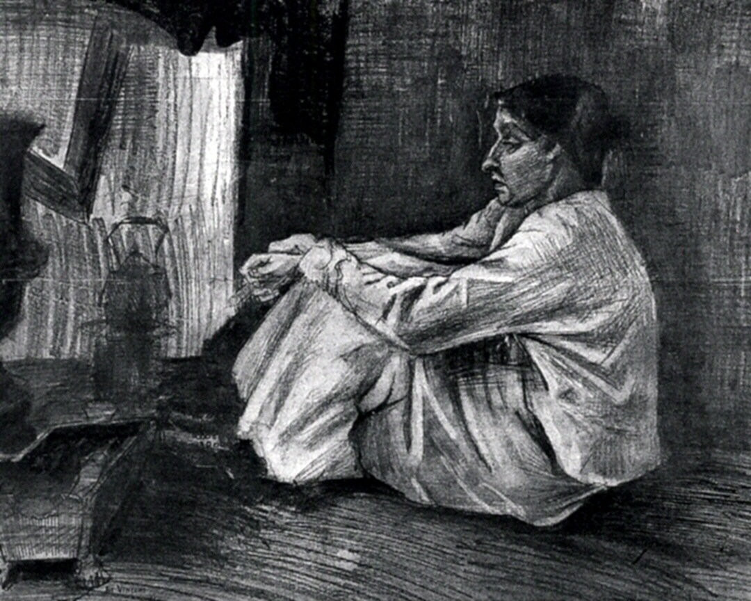 Sien with Cigar Sitting on the Floor near Stove (1882) Vincent van Gogh tablo - Dekolata
