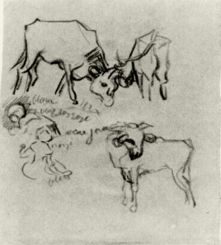 Sketch of Cows and Children (1890) Vincent van Gogh tablo - Dekolata