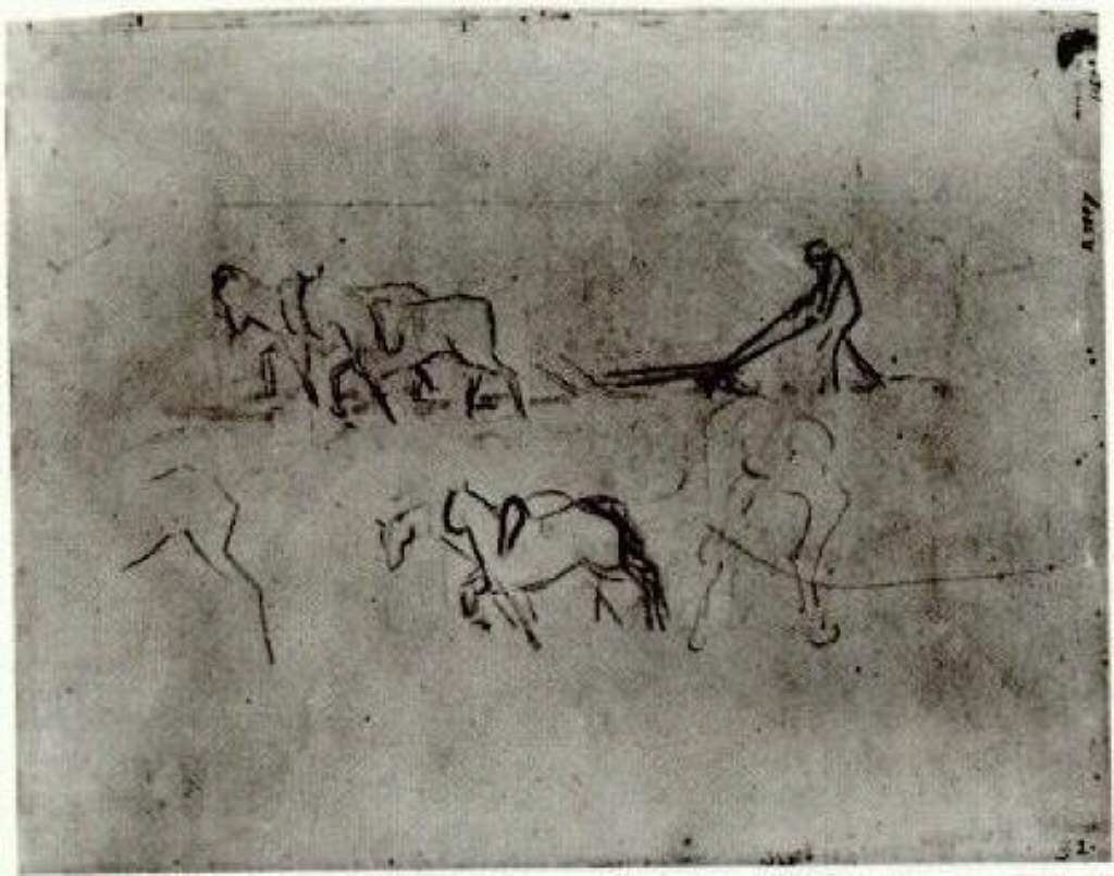 Sketches of Peasant Plowing with Horses (1890) Vincent van Gogh tablo - Dekolata