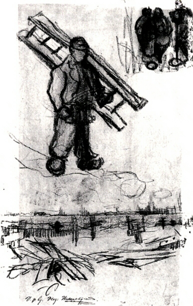 Sketches of a Man with a Ladder, Other Figures, and a Cemetery (1885) Vincent van Gogh tablo - Dekolata