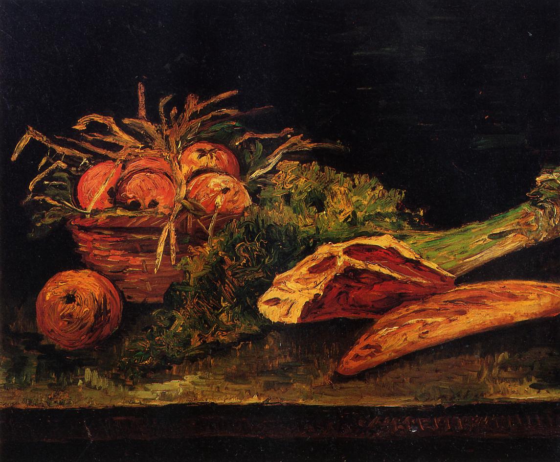 Still Life with Apples, Meat and a Roll (1886) Vincent van Gogh tablo - Dekolata