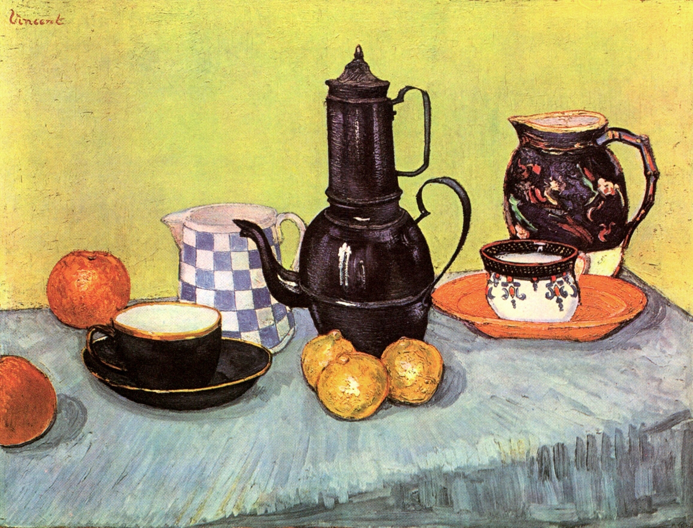 Still Life with Blue Enamel Coffeepot, Earthenware and Fruit (1888) Vincent van Gogh tablo - Dekolata
