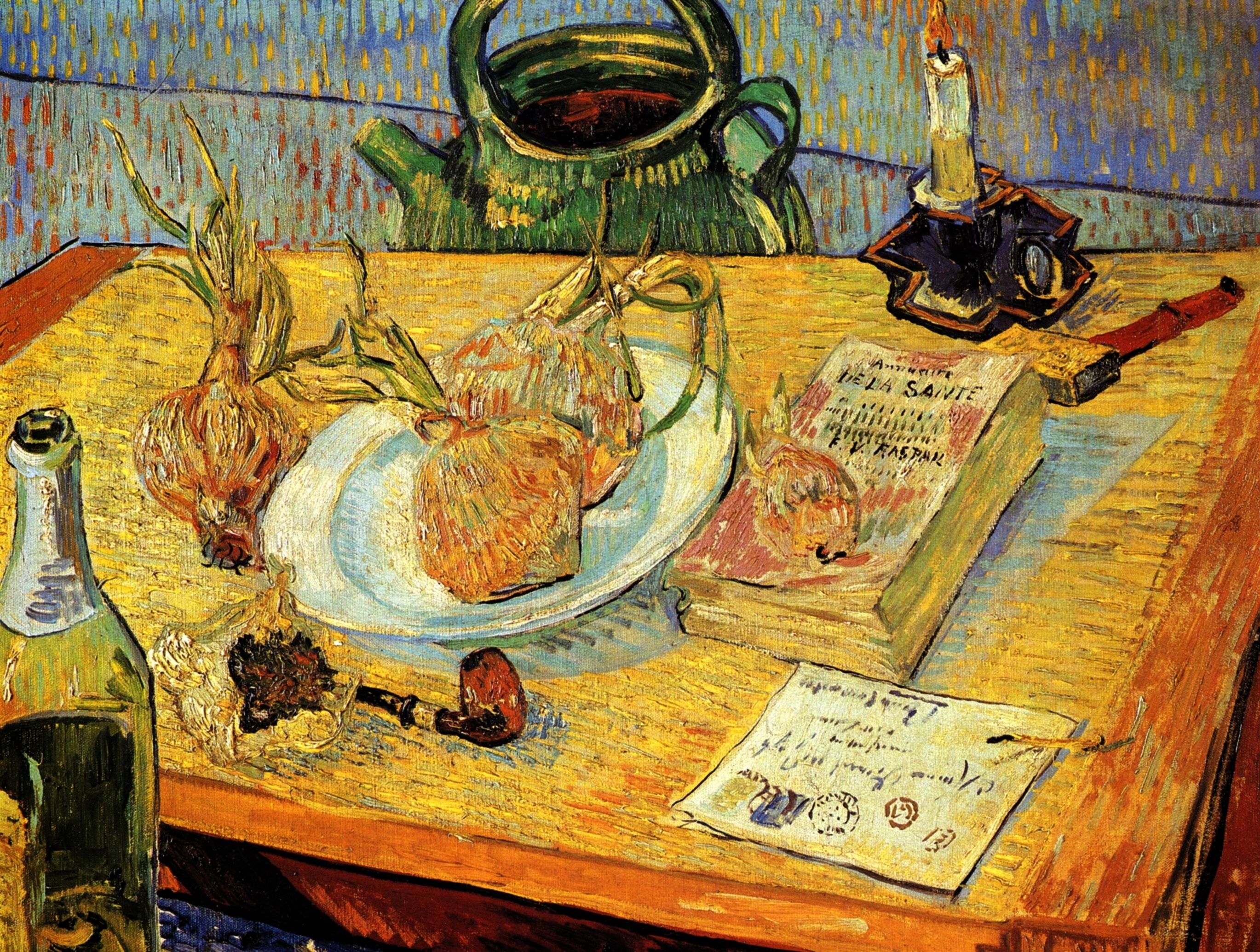 Still Life with Drawing Board, Pipe, Onions and Sealing Wax (1889) Vincent van Gogh tablo - Dekolata