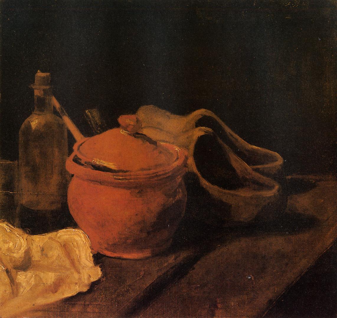 Still Life with Earthenware, Bottle and Clogs (1885) Vincent van Gogh tablo - Dekolata