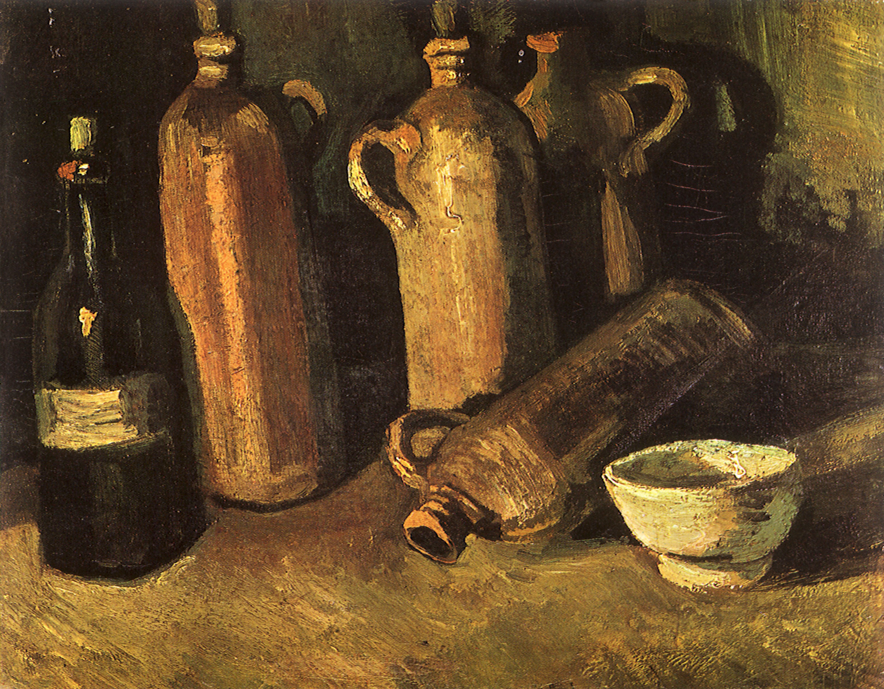 Still Life with Four Stone Bottles, Flask and White Cup (1884) Vincent van Gogh tablo - Dekolata