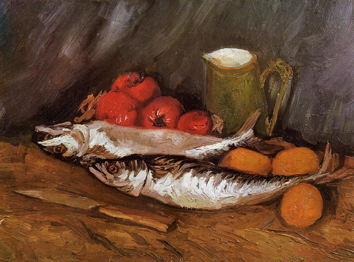 Still Life with Mackerels, Lemons and Tomatoes (1886) Vincent van Gogh tablo - Dekolata