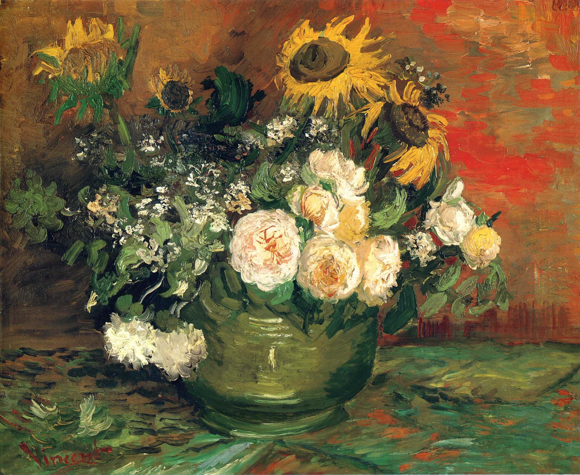 Still Life with Roses and Sunflowers (1886) Vincent van Gogh tablo - Dekolata