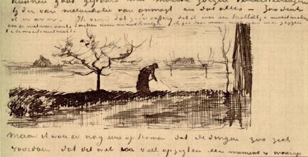 Stooping Woman in Landscape (1883) Vincent van Gogh tablo - Dekolata