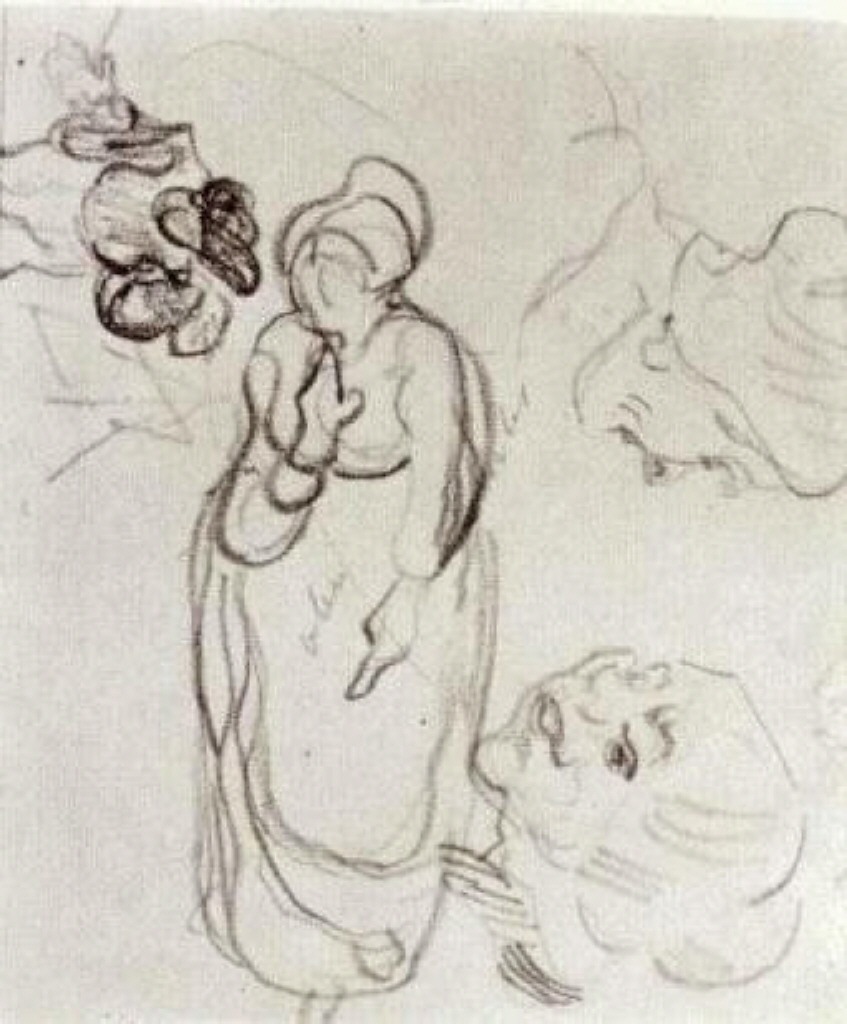Study of a Woman Standing, Two Heads, Another Figure (1890) Vincent van Gogh tablo - Dekolata