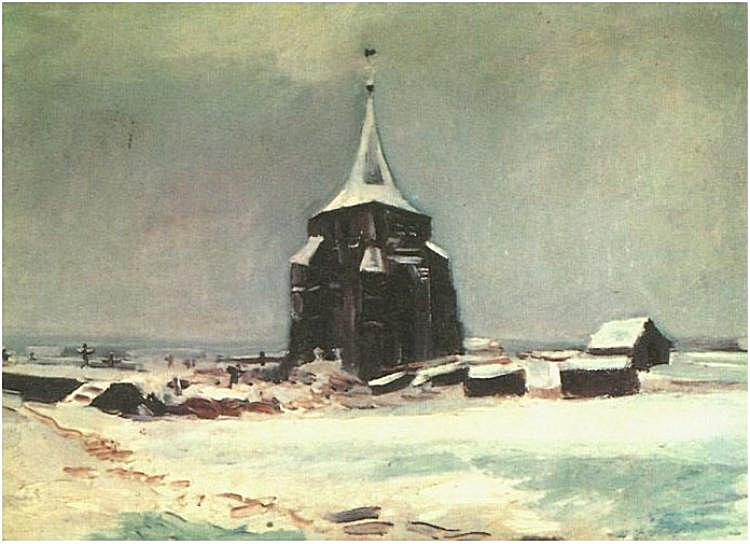 The Old Cemetery Tower at Nuenen in the Snow (1885) Vincent van Gogh tablo - Dekolata