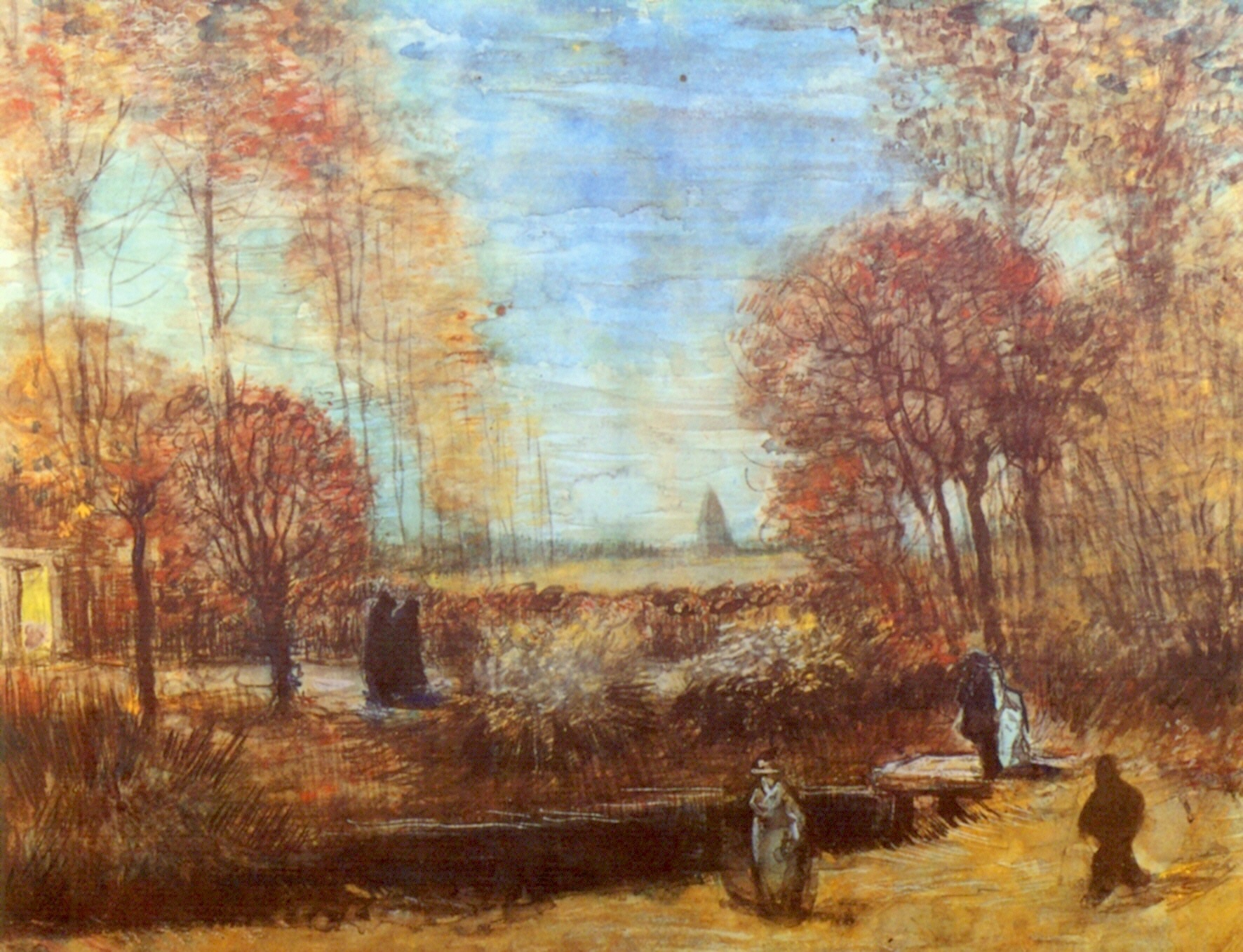 The Parsonage Garden at Nuenen with Pond and Figures (1885) Vincent van Gogh tablo - Dekolata