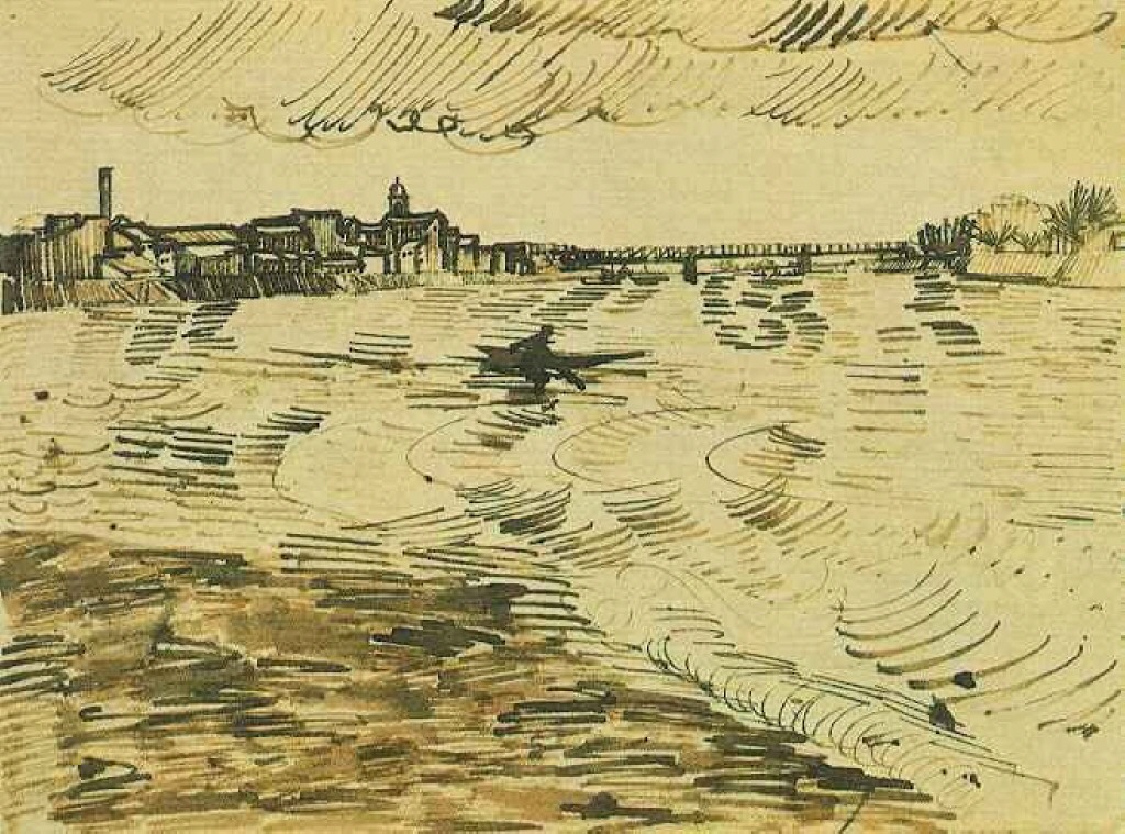 The Rhone with Boats and a Bridge (1888) Vincent van Gogh tablo - Dekolata