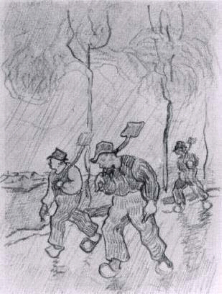 Three Peasants with Spades on a Road in the Rain (1890) Vincent van Gogh tablo - Dekolata