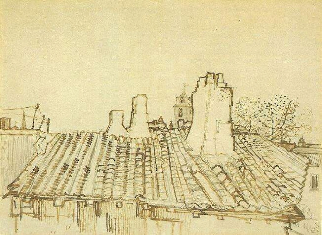 Tiled Roof with Chimneys and Church Tower (1888) Vincent van Gogh tablo - Dekolata