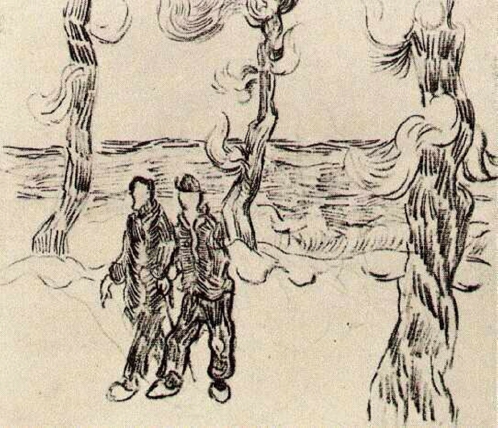 Two Men on a Road with Pine Trees (1890) Vincent van Gogh tablo - Dekolata