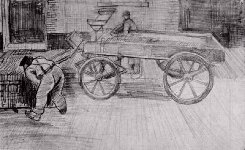 Two Men with a Four Wheeled Wagon (1882) Vincent van Gogh tablo - Dekolata