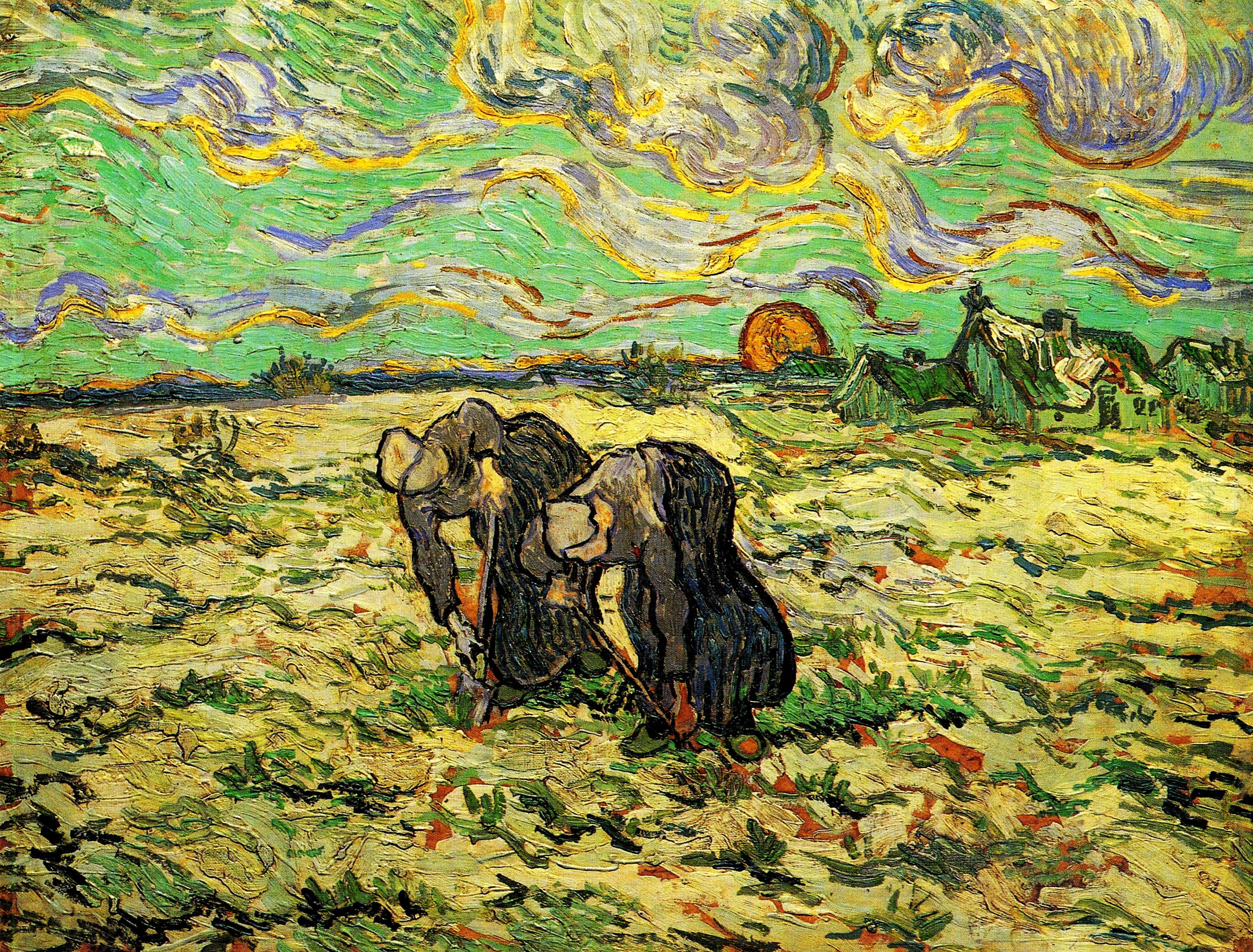 Two Peasant Women Digging in Field with Snow (1890) Vincent van Gogh tablo - Dekolata