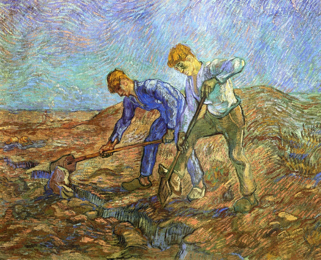 Two Peasants Diging (after Millet) (1889) Vincent van Gogh tablo - Dekolata
