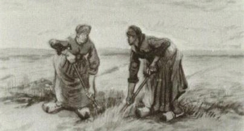 Two Women Talking to Each Other While Digging (1885) Vincent van Gogh tablo - Dekolata